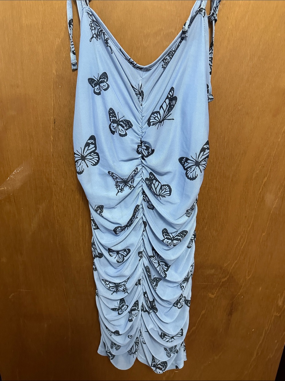 SHEIN Light Blue Ruched Midi Dress with Black Butterfly Print